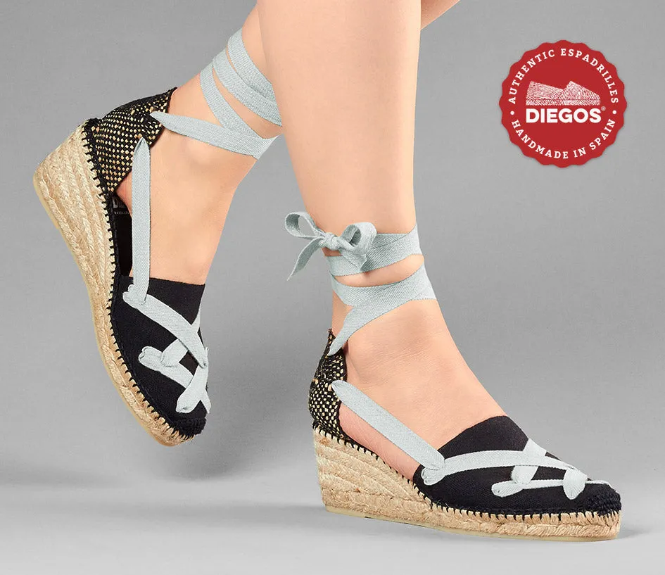All black Lola high wedge classic laces espadrilles