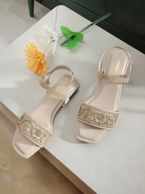 Anouk Cream-Colourblocked & Gold-Toned Embroidered Open Toe Flats