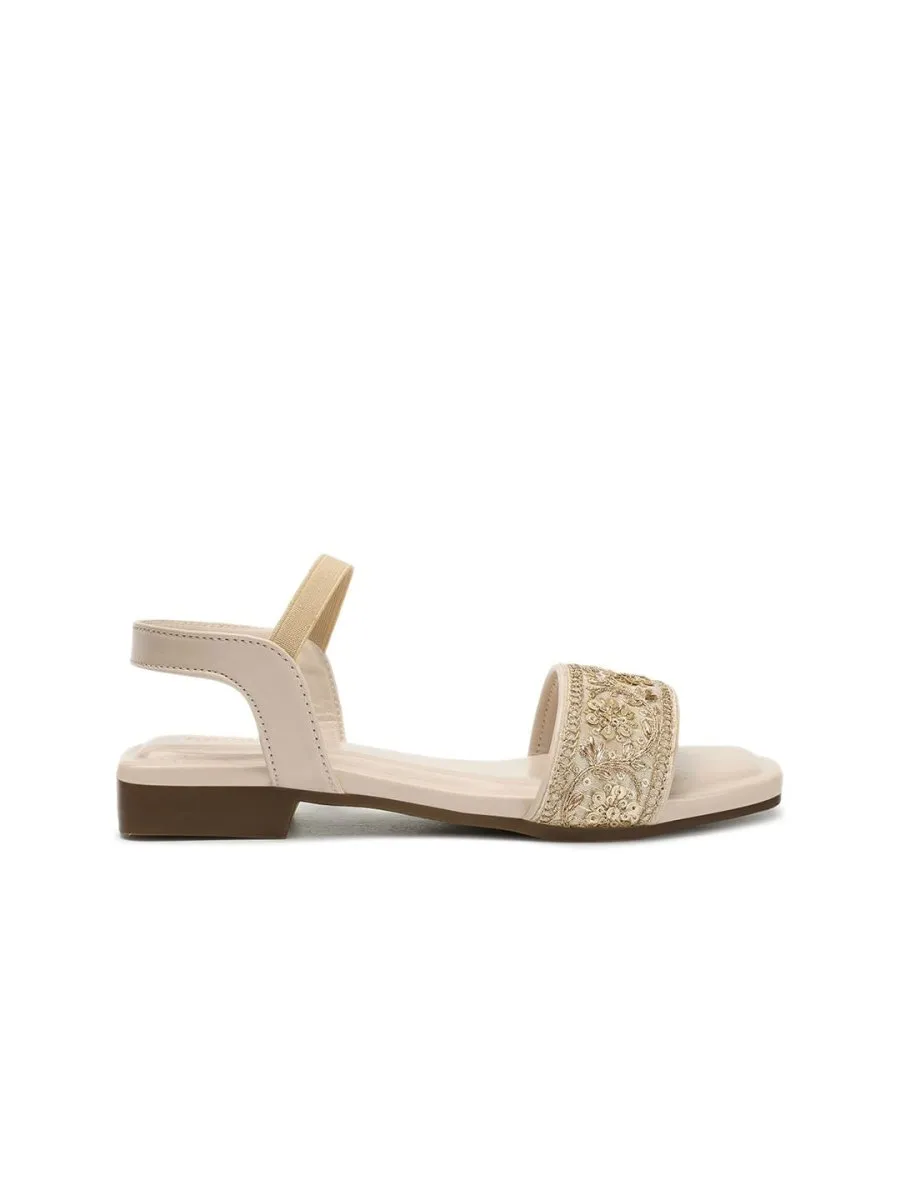Anouk Cream-Colourblocked & Gold-Toned Embroidered Open Toe Flats
