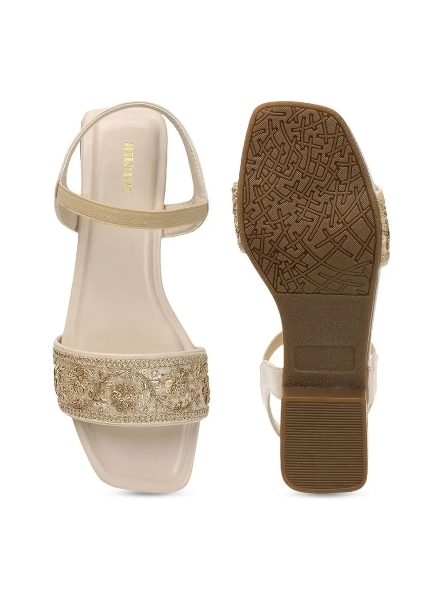 Anouk Cream-Colourblocked & Gold-Toned Embroidered Open Toe Flats