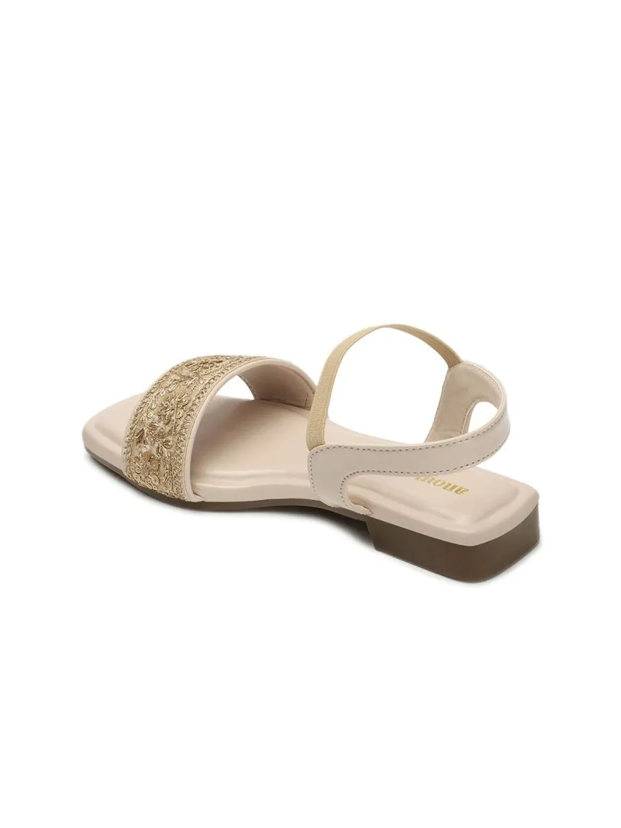 Anouk Cream-Colourblocked & Gold-Toned Embroidered Open Toe Flats