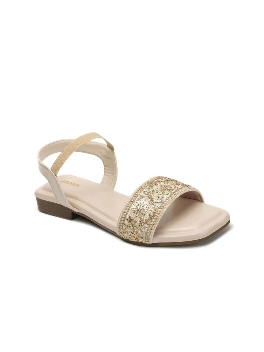 Anouk Cream-Colourblocked & Gold-Toned Embroidered Open Toe Flats