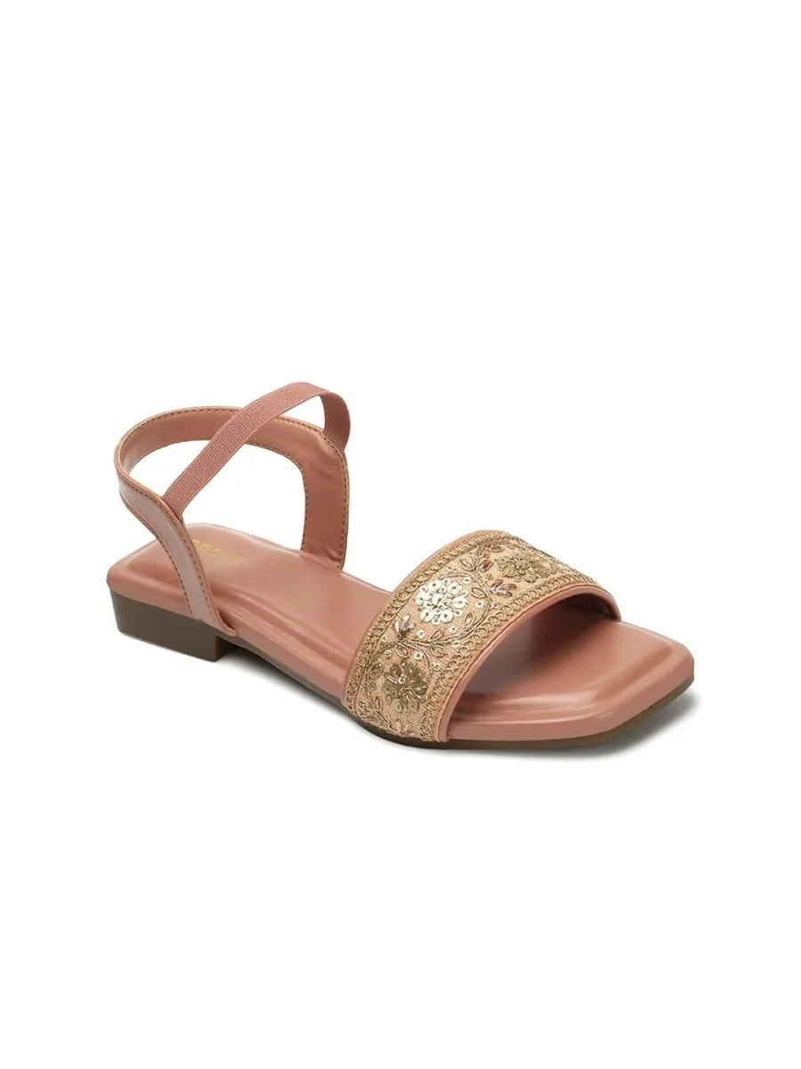 Anouk Pink & Gold-Toned Embroidered Open Toe Flats