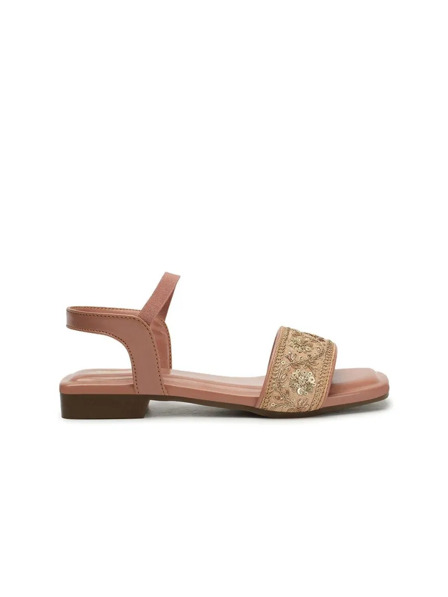 Anouk Pink & Gold-Toned Embroidered Open Toe Flats