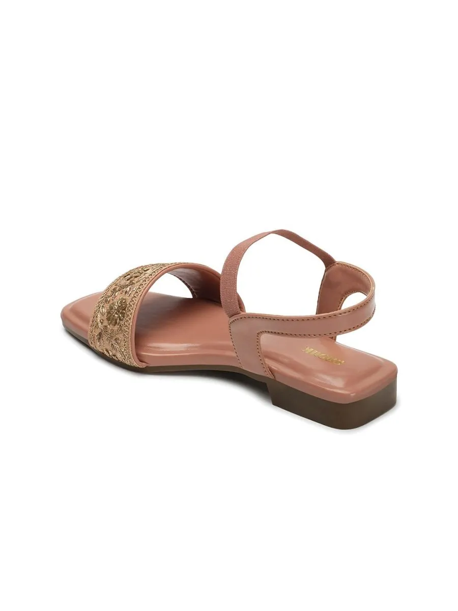 Anouk Pink & Gold-Toned Embroidered Open Toe Flats