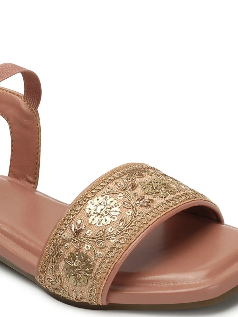 Anouk Pink & Gold-Toned Embroidered Open Toe Flats