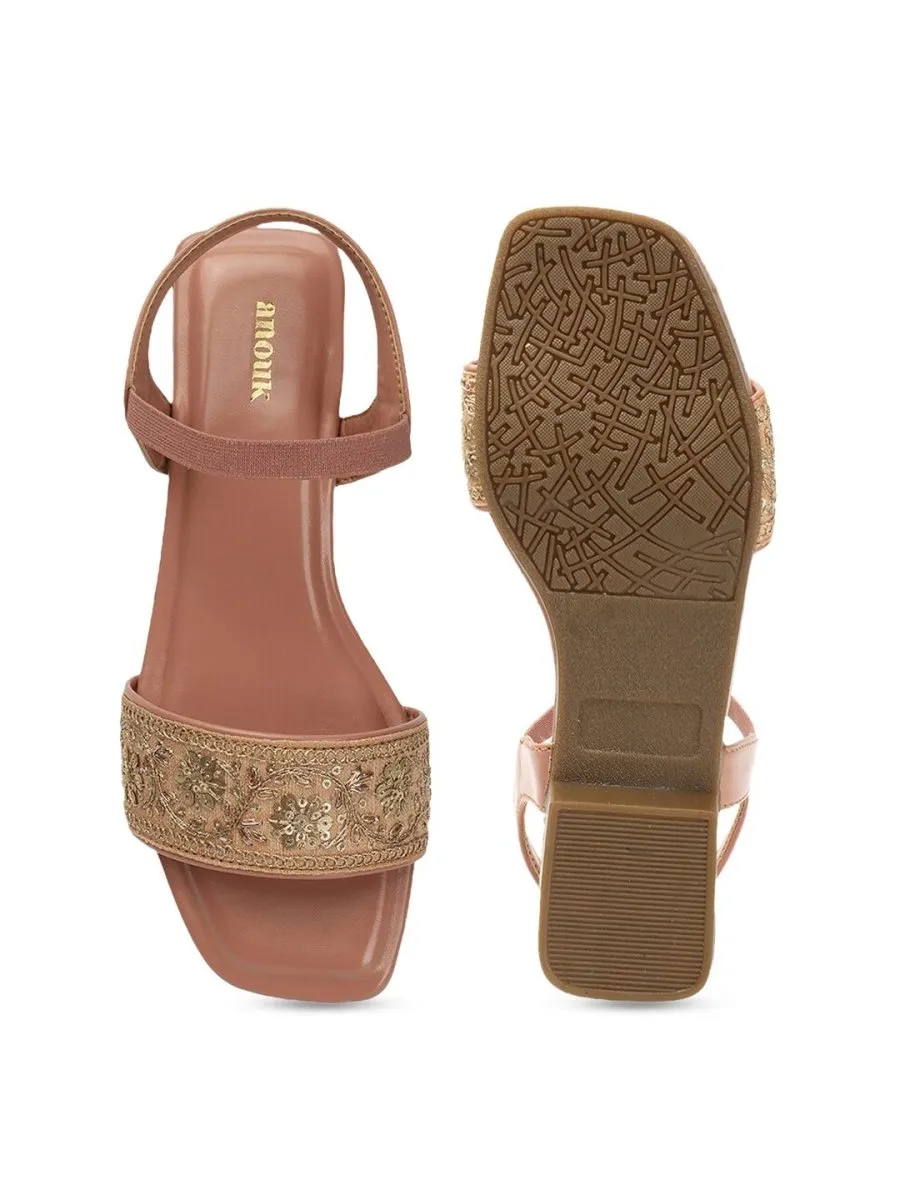 Anouk Pink & Gold-Toned Embroidered Open Toe Flats
