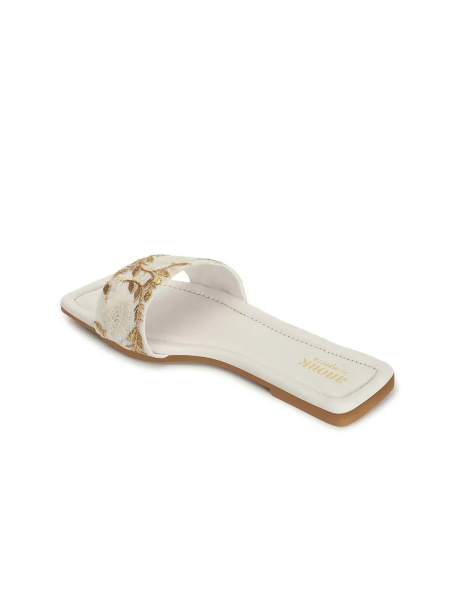 Anouk White & Gold-Toned Embroidered Open Toe Flats