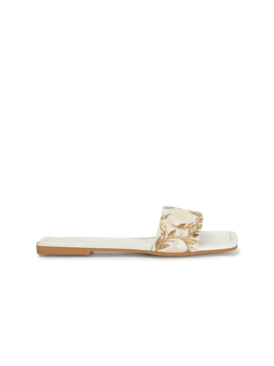 Anouk White & Gold-Toned Embroidered Open Toe Flats