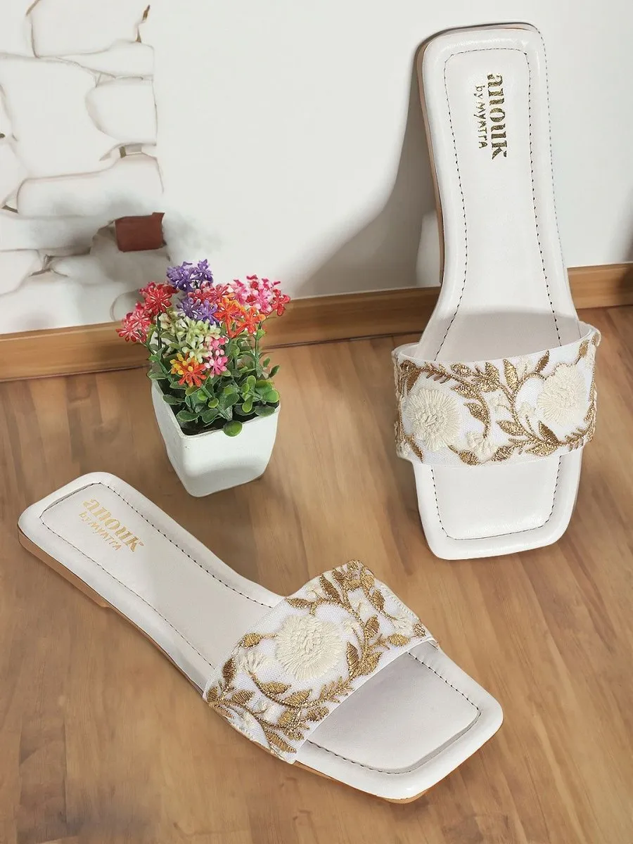 Anouk White & Gold-Toned Embroidered Open Toe Flats