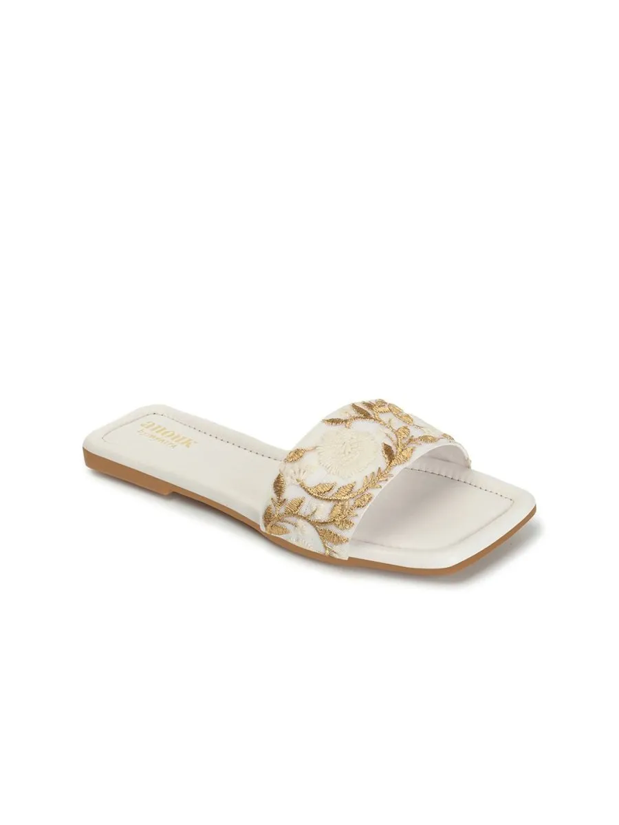 Anouk White & Gold-Toned Embroidered Open Toe Flats