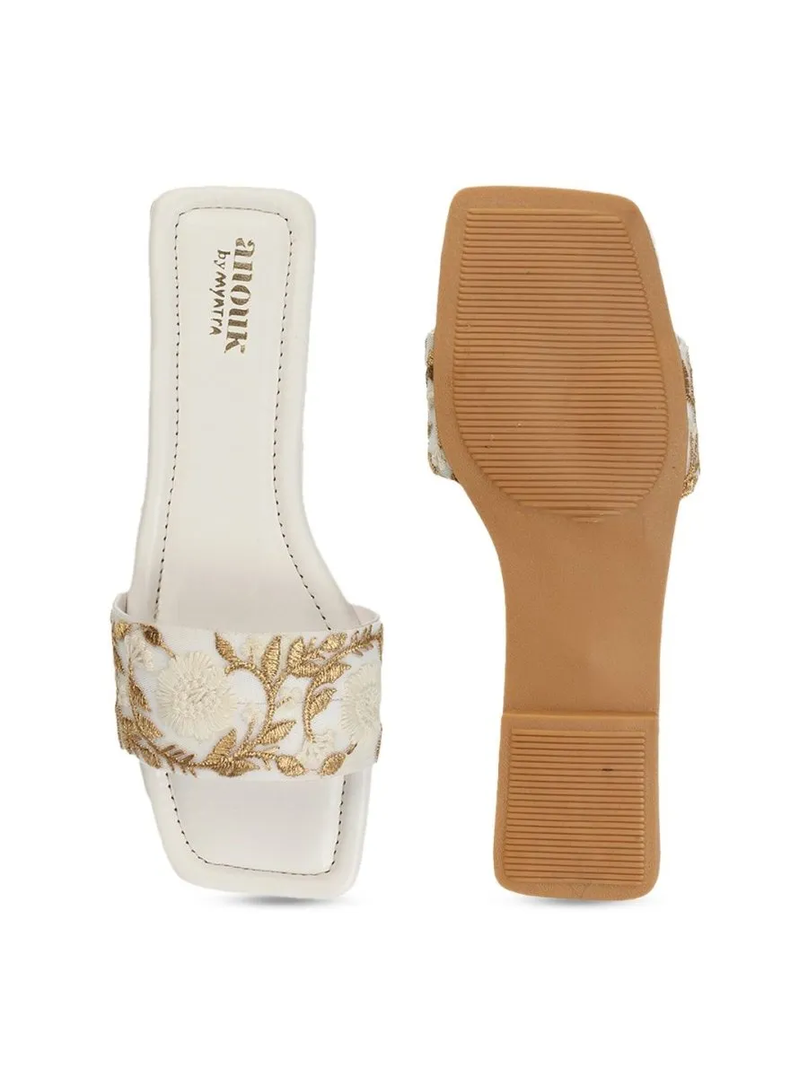 Anouk White & Gold-Toned Embroidered Open Toe Flats