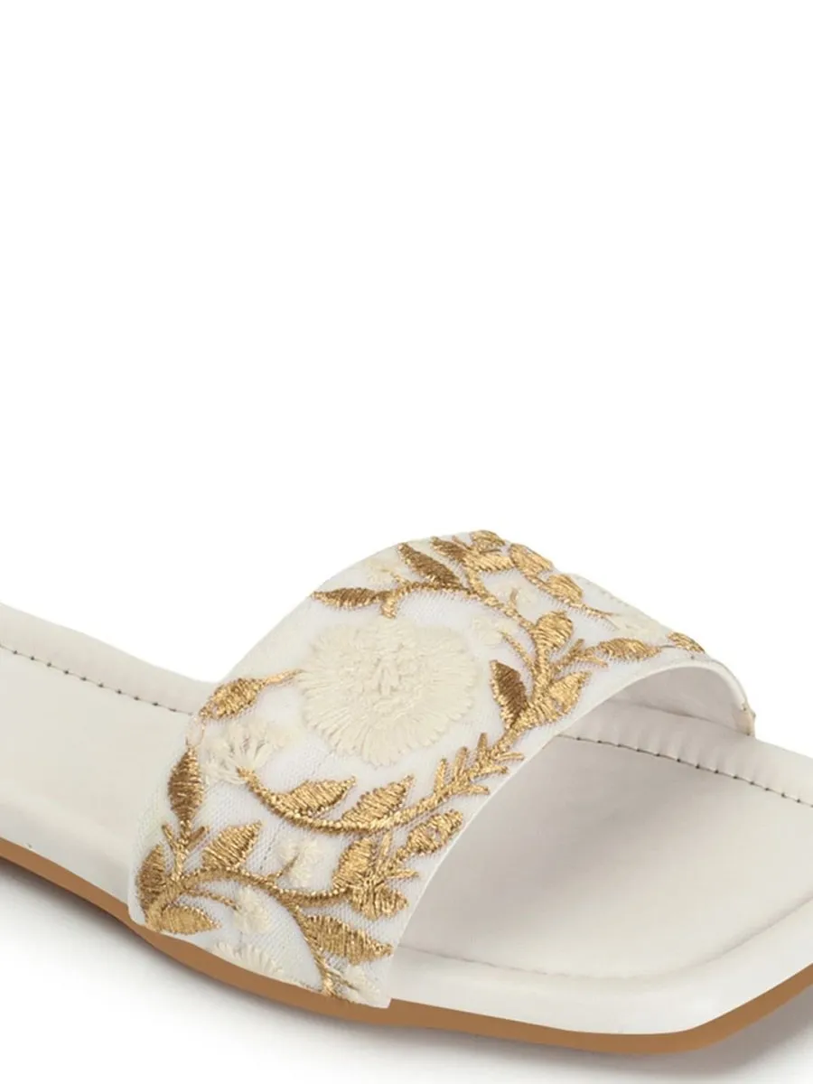 Anouk White & Gold-Toned Embroidered Open Toe Flats