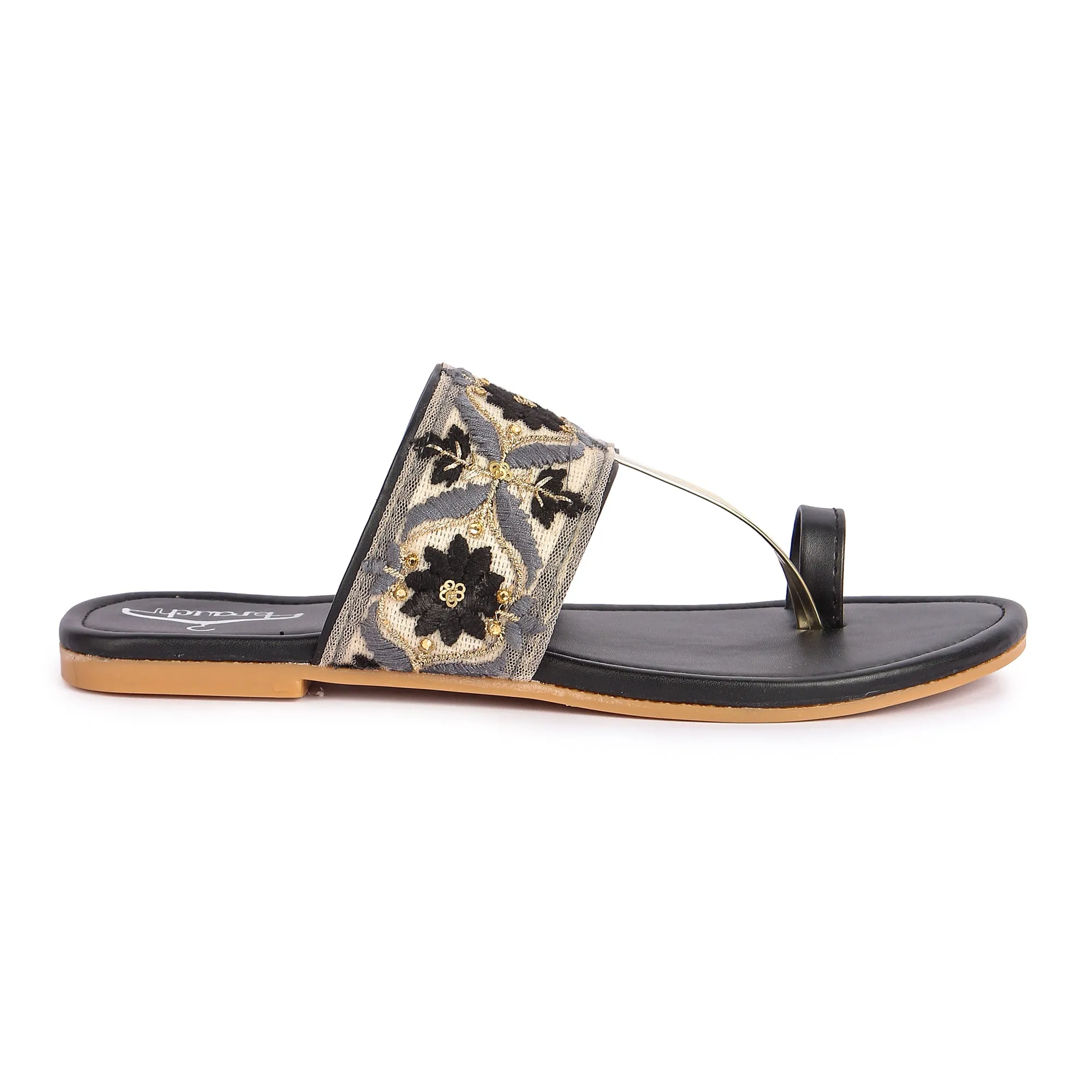 Brauch Women's Black Embroidered Floral Flats