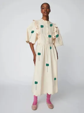 Embroidered Midi Dress with Scallops - Green/Creme