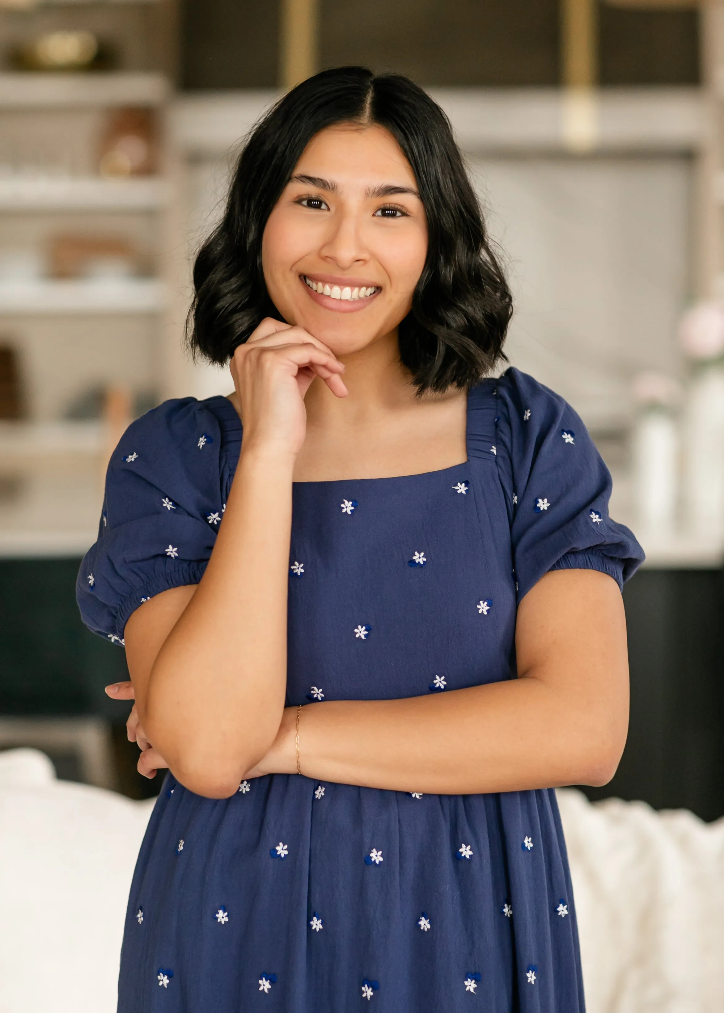 Embroidered Navy Square Neck Dress
