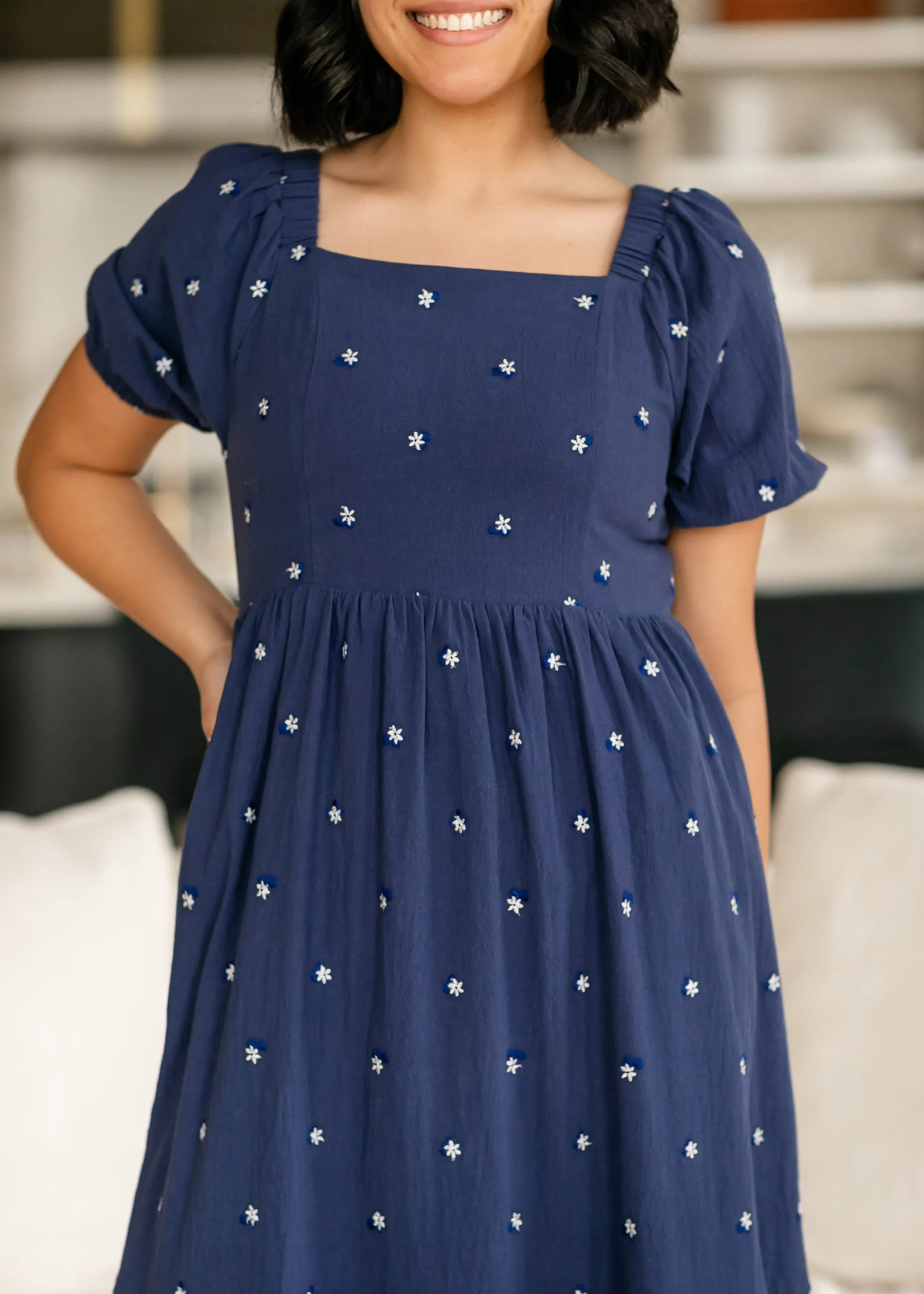 Embroidered Navy Square Neck Dress