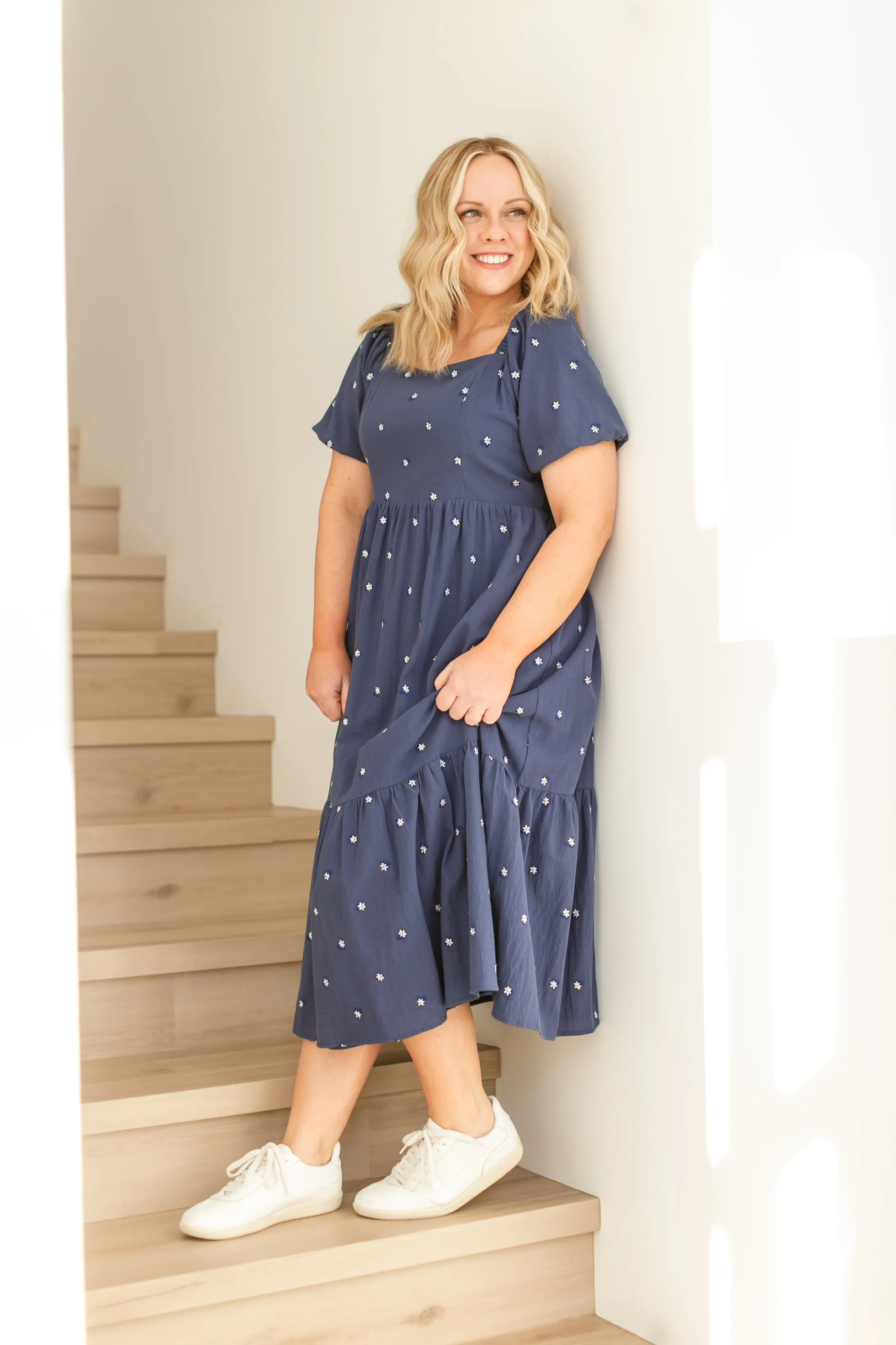 Embroidered Navy Square Neck Dress