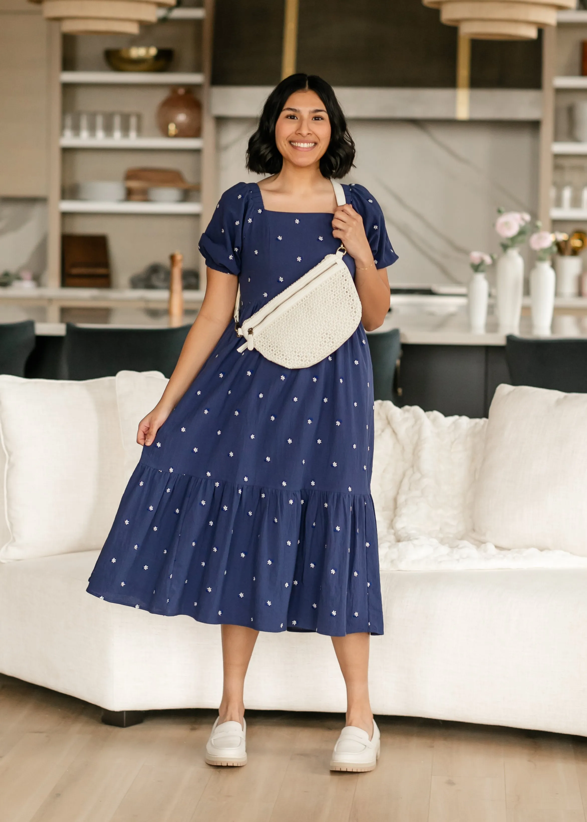 Embroidered Navy Square Neck Dress