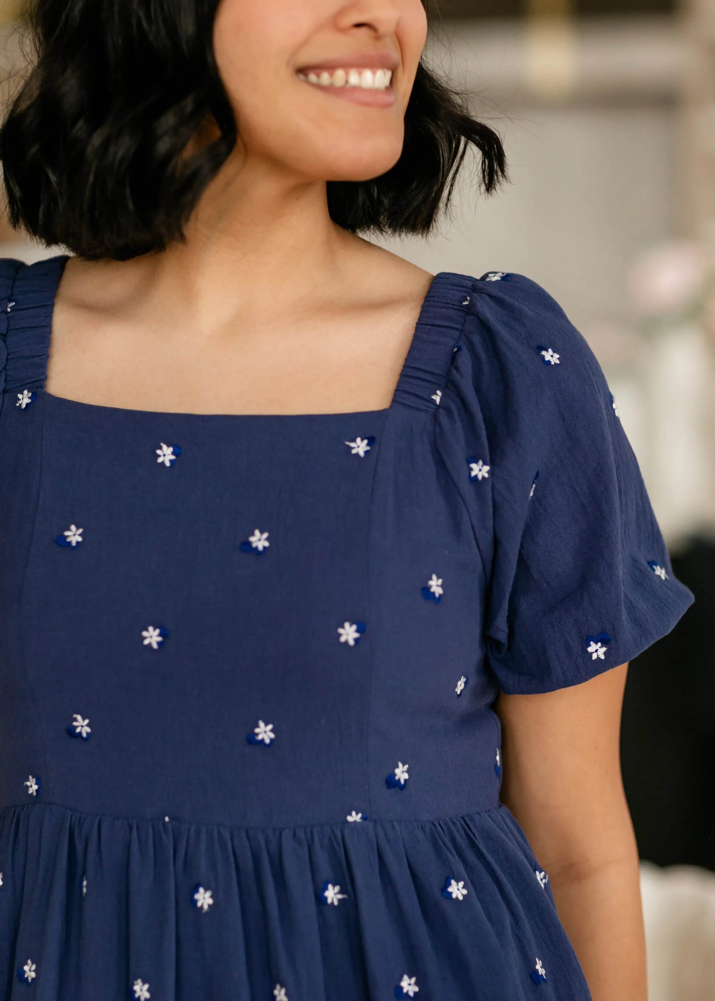 Embroidered Navy Square Neck Dress