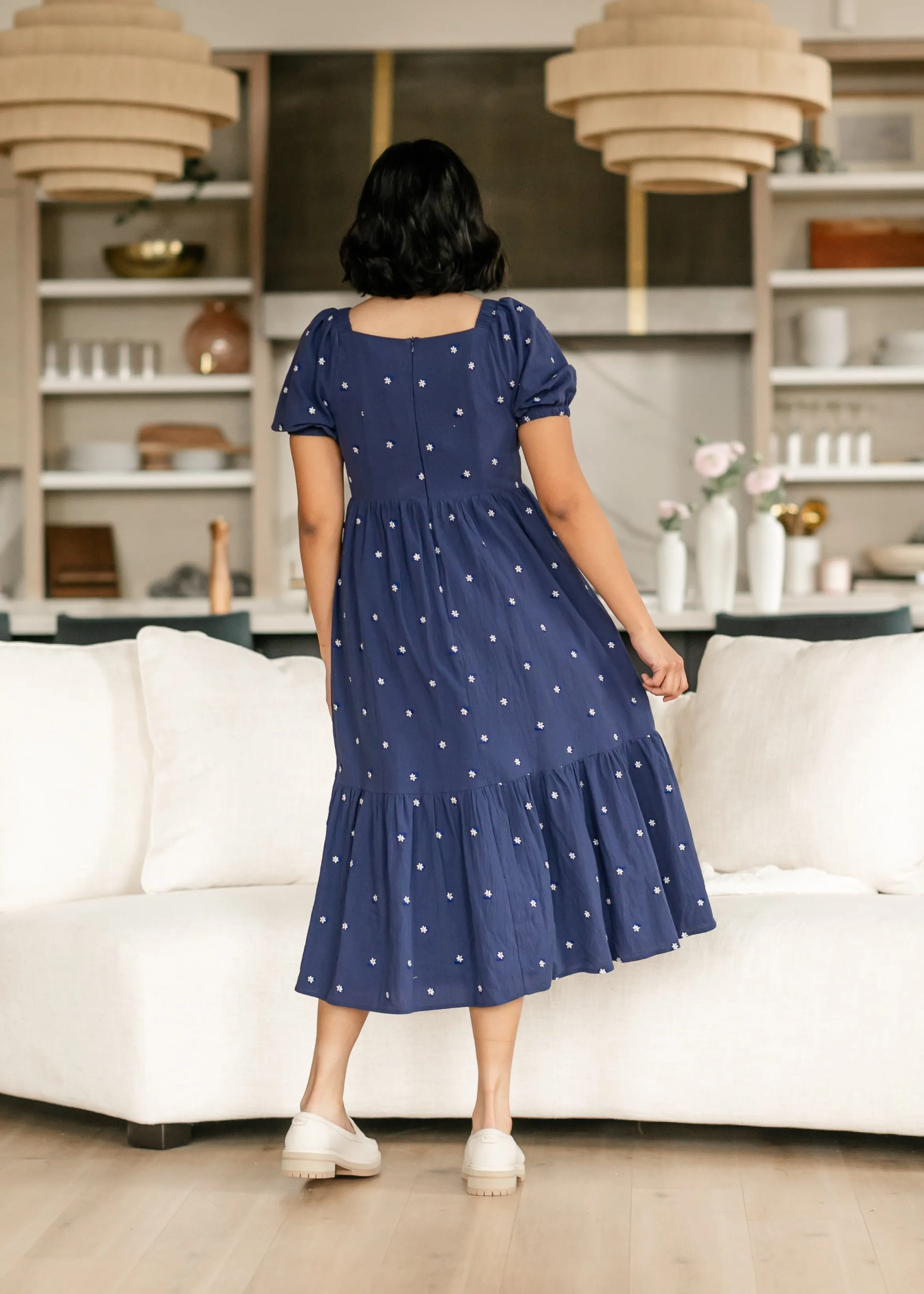 Embroidered Navy Square Neck Dress