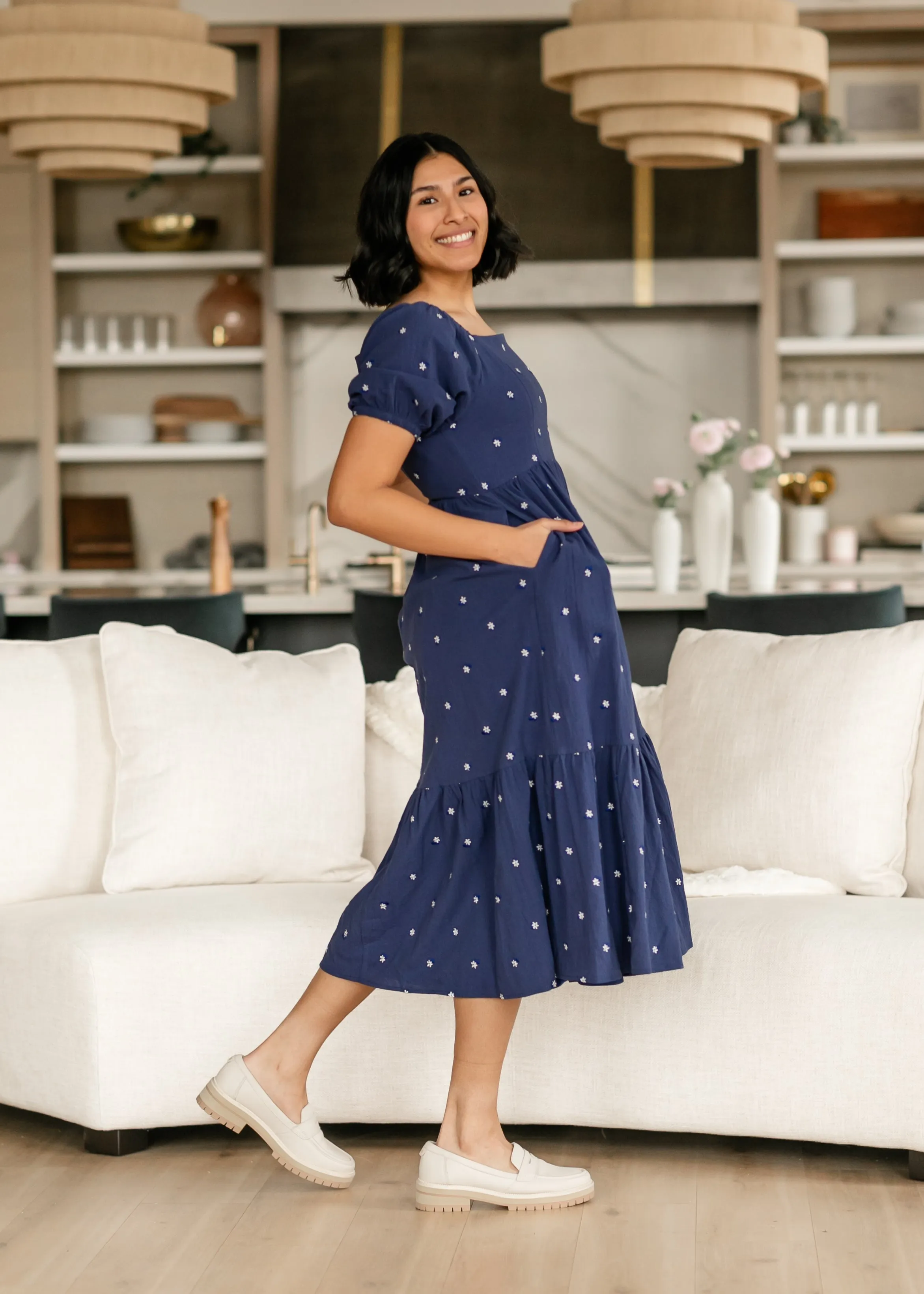 Embroidered Navy Square Neck Dress
