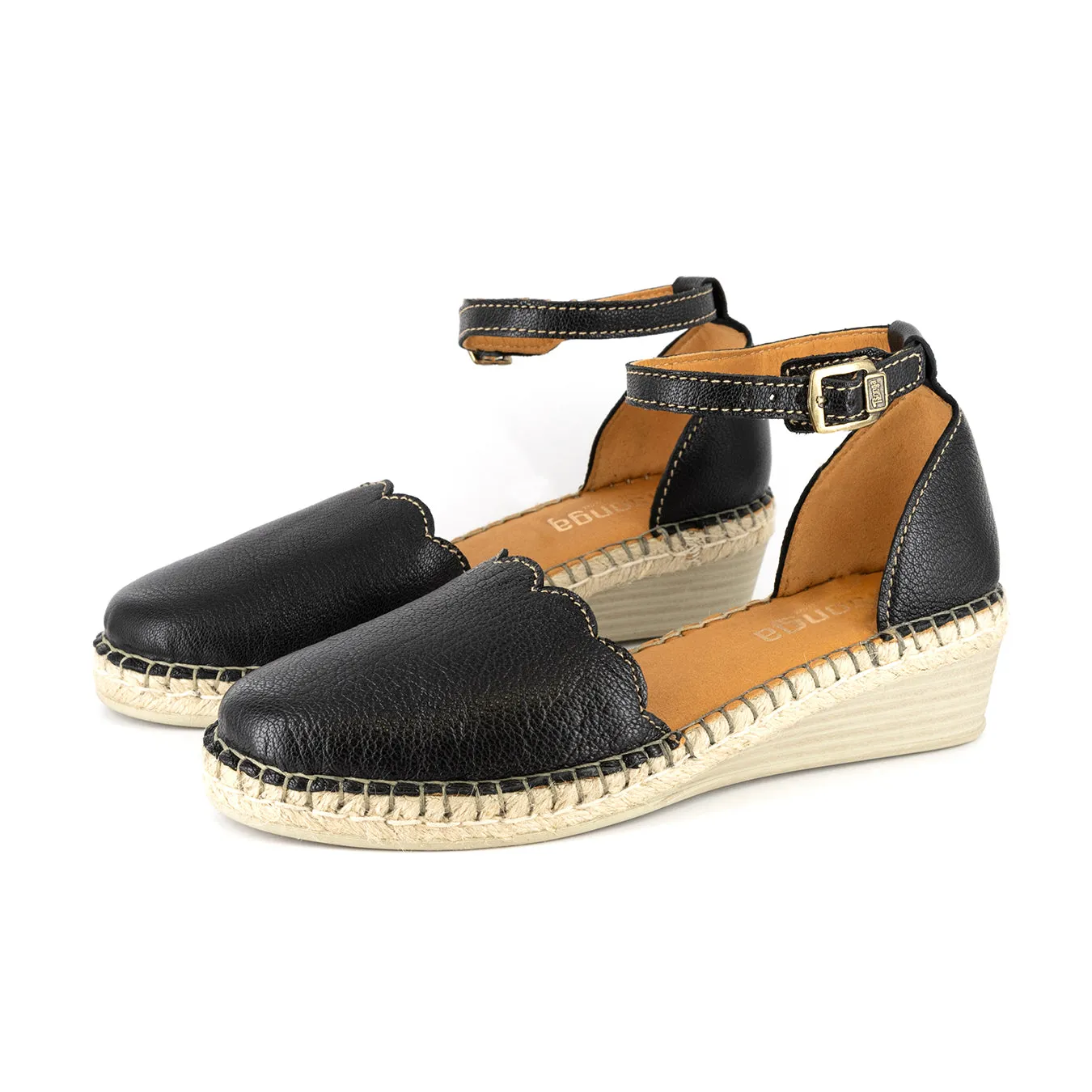 Inkantolo : Ladies Leather Wedge Espadrille in Black Cayak