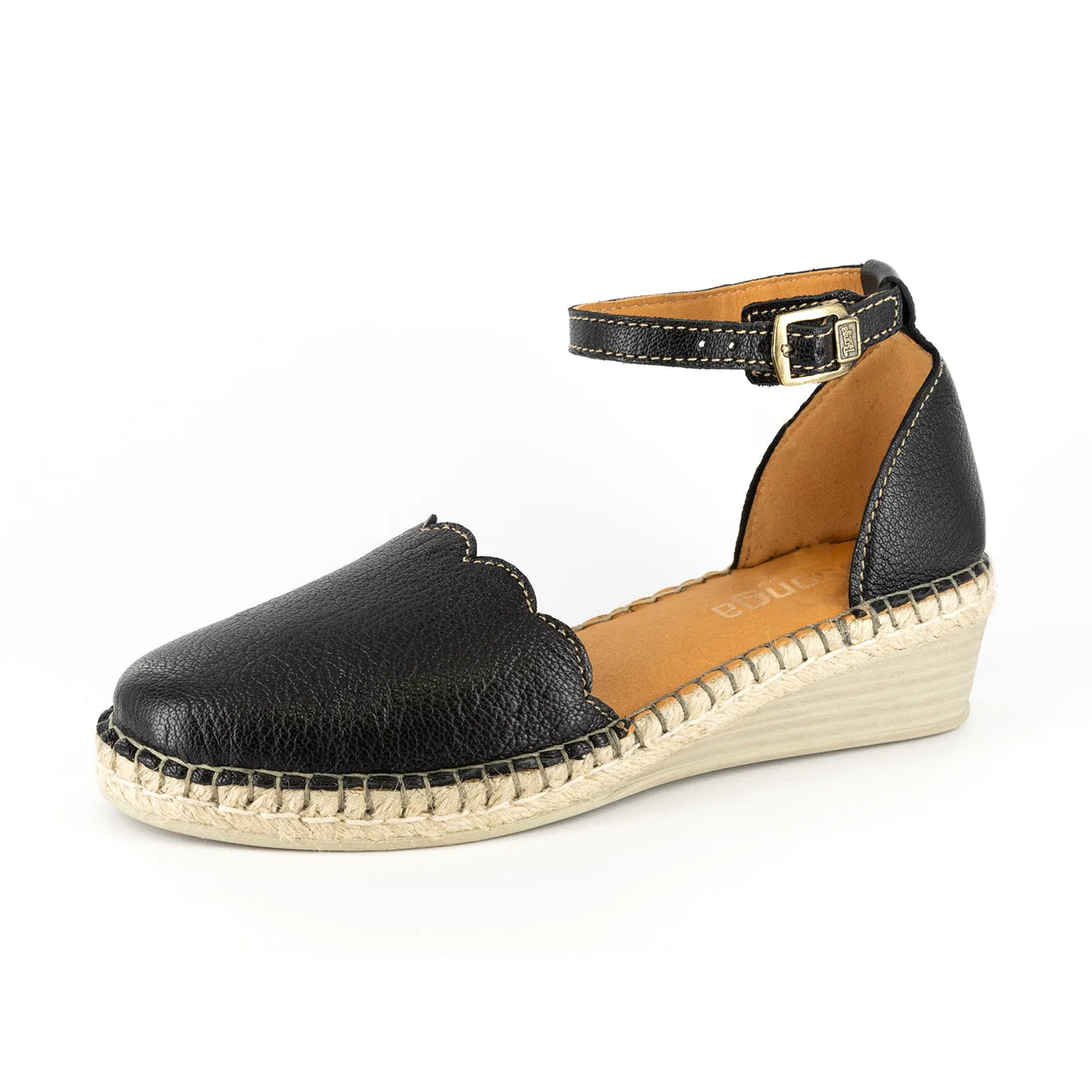 Inkantolo : Ladies Leather Wedge Espadrille in Black Cayak