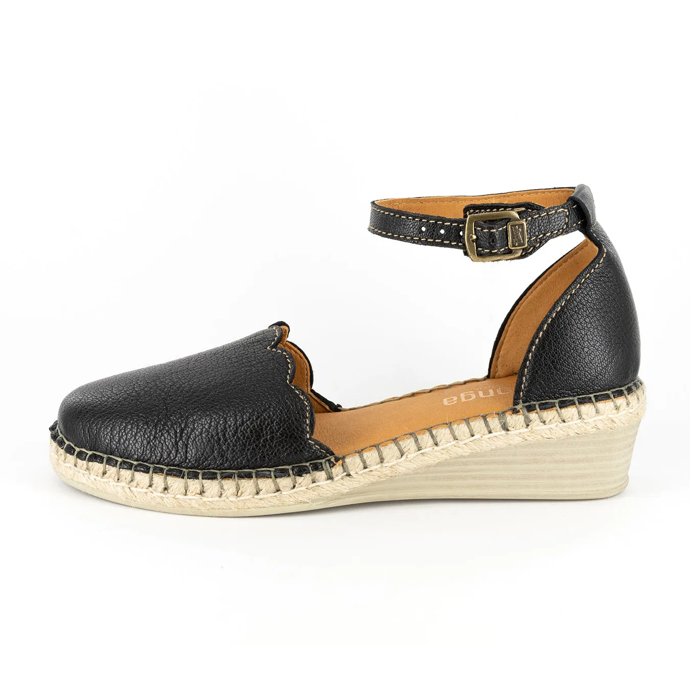 Inkantolo : Ladies Leather Wedge Espadrille in Black Cayak