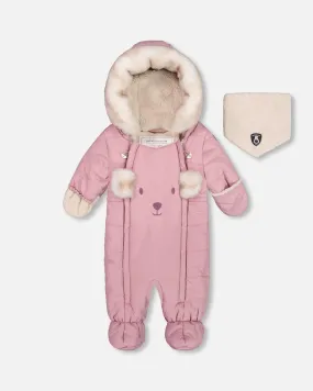 One Piece Baby Bear Face Snowsuit Orchid Designed For Car Seat