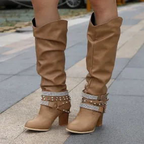 Women's Knee-High Buckle Strap Boots – Retro PU Leather Rivet Thick Heel Motorcycle Boots