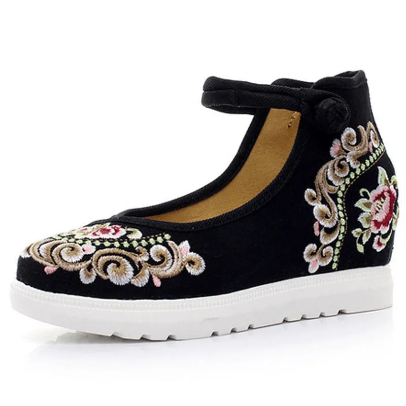 Women's Spring/Autumn Ankle Strap Denim Embroidered Flats