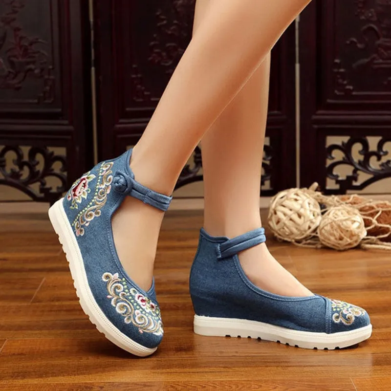 Women's Spring/Autumn Ankle Strap Denim Embroidered Flats