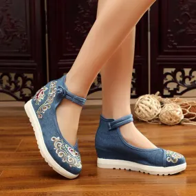 Women's Spring/Autumn Ankle Strap Denim Embroidered Flats