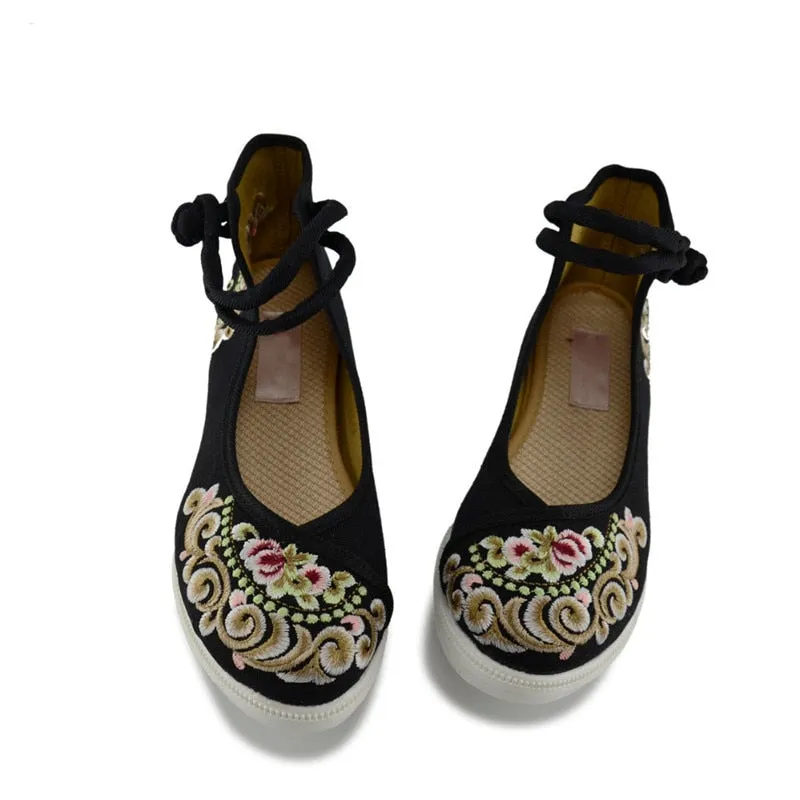 Women's Spring/Autumn Ankle Strap Denim Embroidered Flats