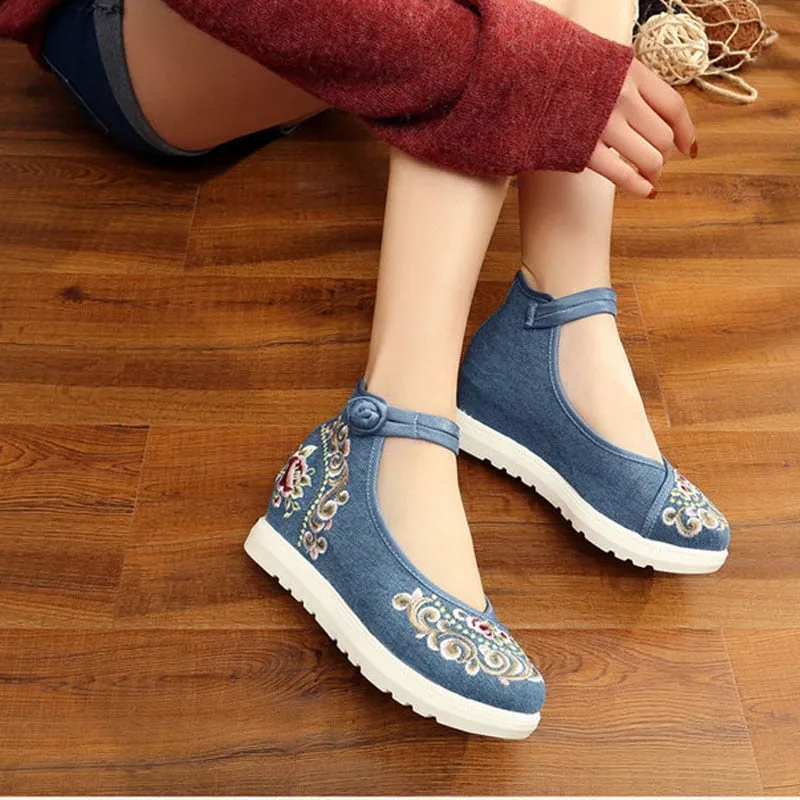 Women's Spring/Autumn Ankle Strap Denim Embroidered Flats