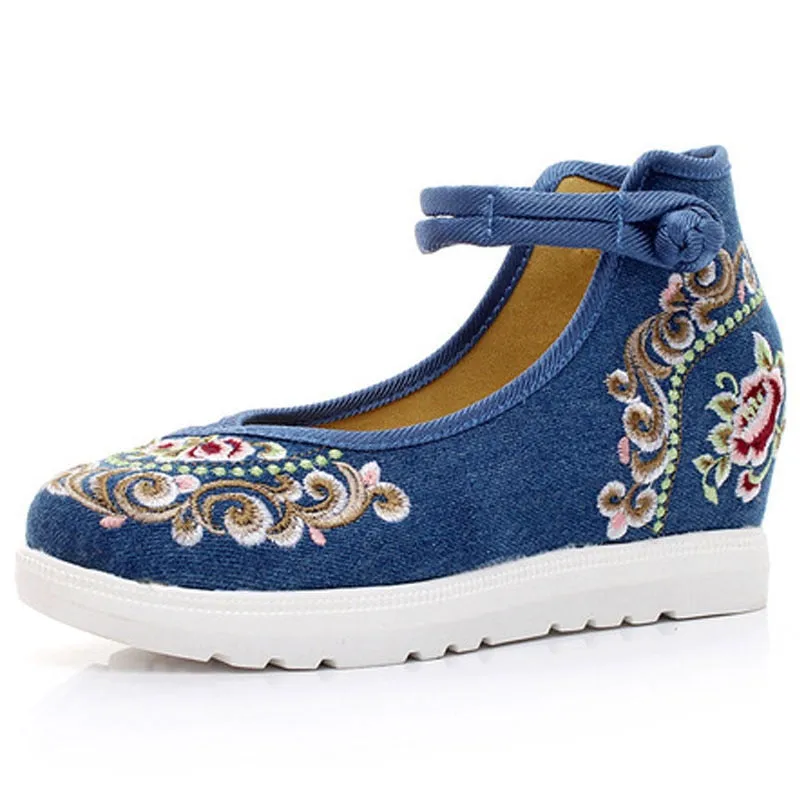 Women's Spring/Autumn Ankle Strap Denim Embroidered Flats