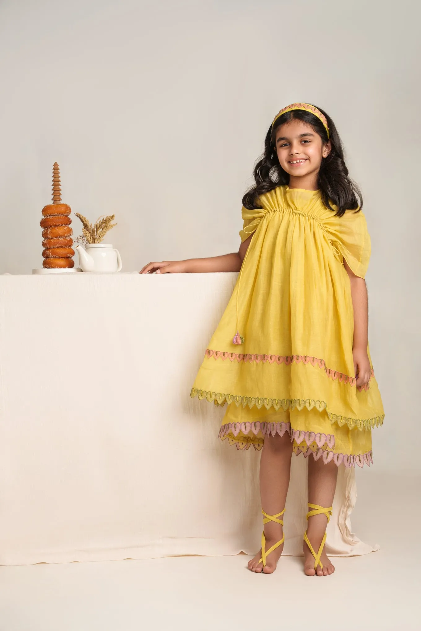 Yellow chanderi silk hand embroidered dress