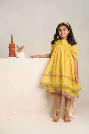 Yellow chanderi silk hand embroidered dress