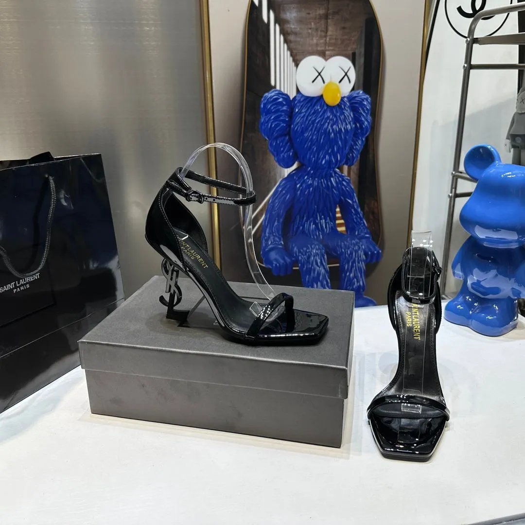 YSL Women's Opyum Patent Leather Black Sandals With 10cm Heel
