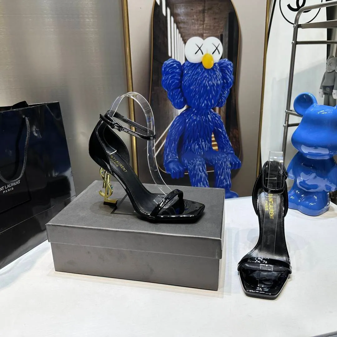 YSL Women's Opyum Patent Leather Black Sandals With 10cm Heel